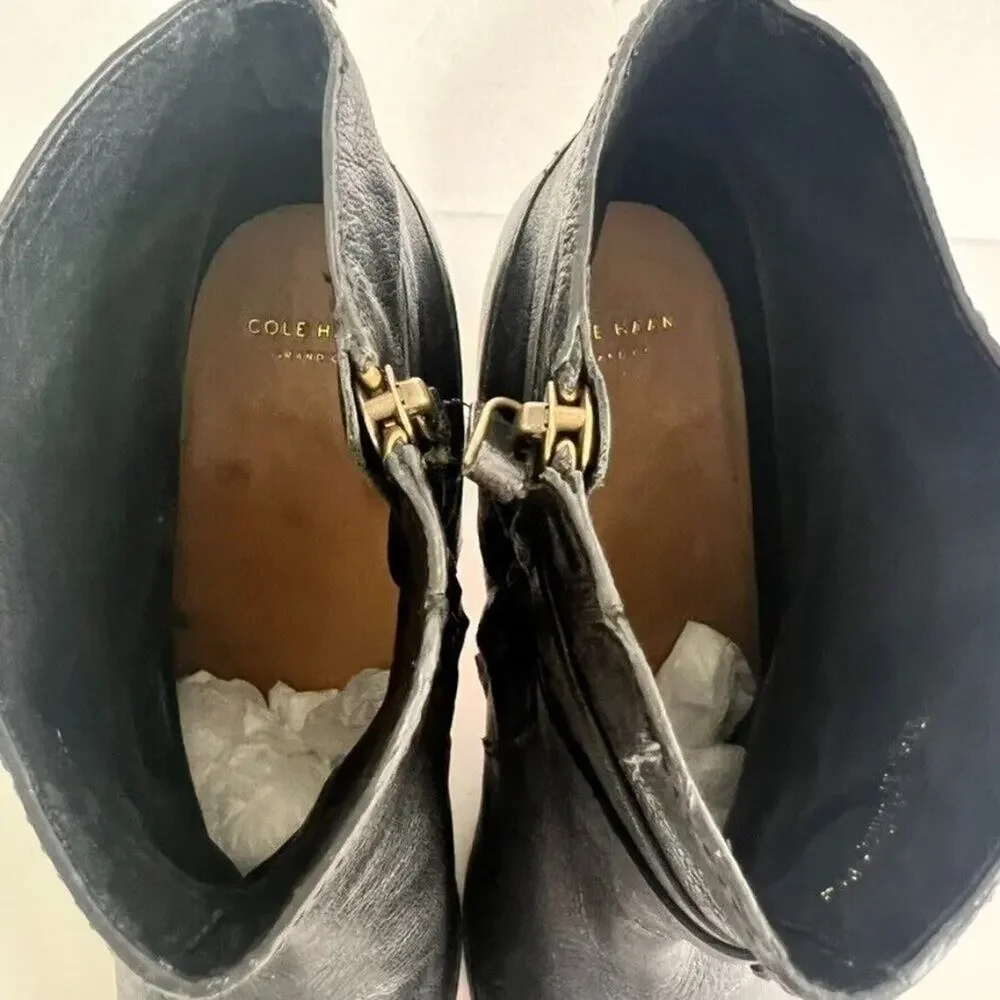 Cole Haan Bootie Women 9.5 B Black Leather Cassidy Side Zip Straps Ankle D41598
